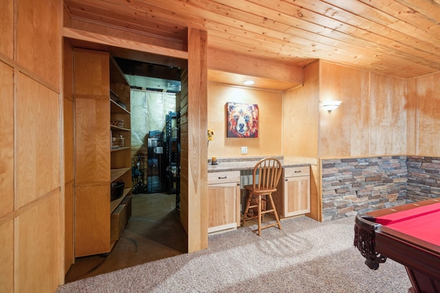 14450 Blackberry Ct, Baxter, MN 56425 - recreation room with wood ceiling, carpet floors, billiards, and wooden walls