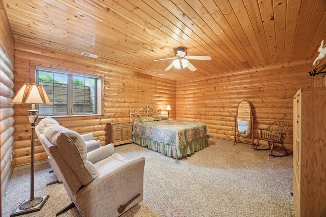 14450 Blackberry Ct, Baxter, MN 56425 - bedroom featuring wood ceiling, light colored carpet, rustic walls, and a ceiling fan