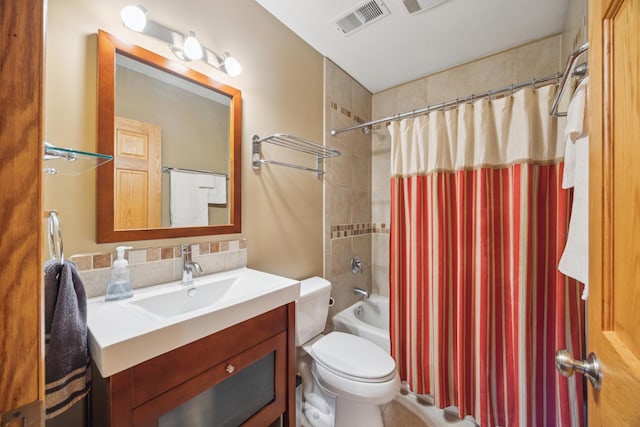 14450 Blackberry Ct, Baxter, MN 56425 - bathroom with vanity, toilet, shower / bath combination with curtain, and decorative backsplash