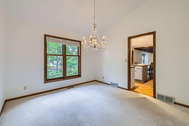 1321 Dallager Ct, Stillwater, MN 55082 - unfurnished room featuring light carpet, a chandelier, baseboards, and lofted ceiling