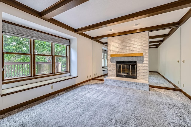 1321 Dallager Ct, Stillwater, MN 55082 - unfurnished living room featuring carpet flooring, baseboards, beamed ceiling, and a fireplace