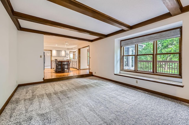 1321 Dallager Ct, Stillwater, MN 55082 - unfurnished living room with carpet floors, beamed ceiling, and baseboards