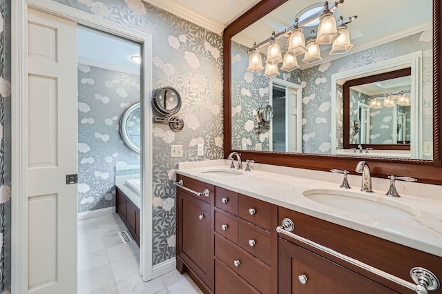 1321 Dallager Ct, Stillwater, MN 55082 - bathroom featuring double vanity, a bath, baseboards, ornamental molding, and tile patterned floors