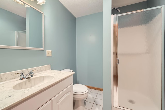 1321 Dallager Ct, Stillwater, MN 55082 - bathroom featuring vanity, a shower stall, tile patterned floors, toilet, and a textured ceiling