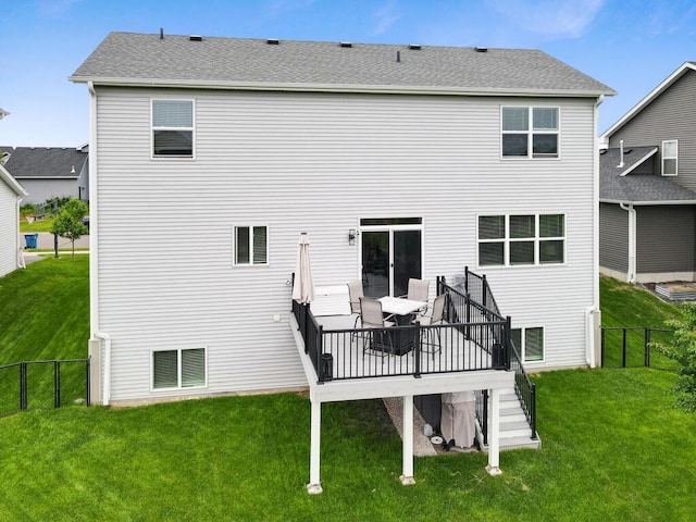 7121 208th St N, Forest Lake, MN 55025 - back of property featuring a deck, a shingled roof, and stairs