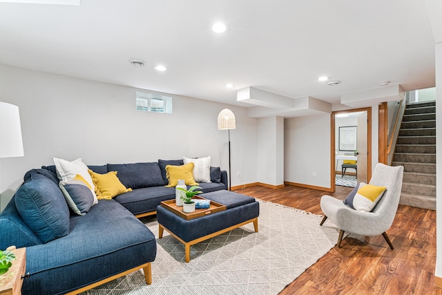 5640 13th Ave S, Minneapolis, MN 55417 - living room featuring wood finished floors, stairway, and recessed lighting