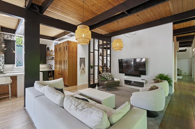 18101 Woolman Dr, Minnetonka, MN 55345 - living room featuring wooden ceiling with exposed beams and light wood-style flooring