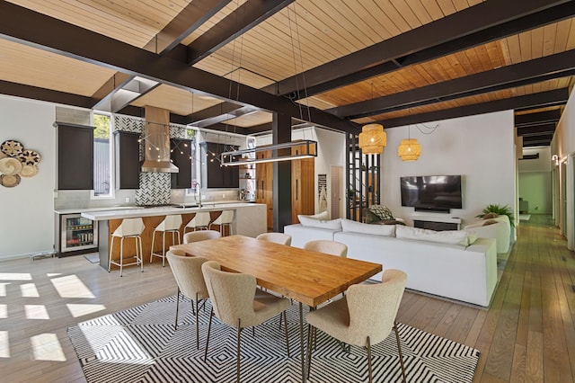 18101 Woolman Dr, Minnetonka, MN 55345 - dining area featuring wood ceiling with exposed beams, light wood-style floors, wine cooler, and baseboards