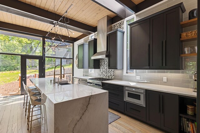 18101 Woolman Dr, Minnetonka, MN 55345 - kitchen with open shelves, a sink, a chandelier, backsplash, and wood ceiling with exposed beams