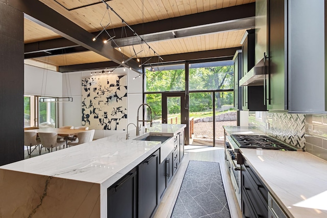 18101 Woolman Dr, Minnetonka, MN 55345 - kitchen with a sink, backsplash, wooden ceiling with exposed beams, a large island, and high end stainless steel range
