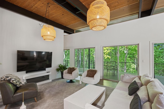 18101 Woolman Dr, Minnetonka, MN 55345 - carpeted living area with wood ceiling with exposed beams and a towering ceiling