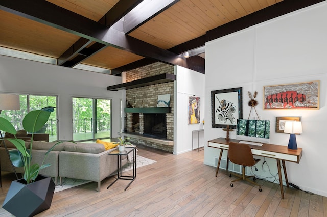 18101 Woolman Dr, Minnetonka, MN 55345 - living room featuring hardwood / wood-style flooring, an office area, a brick fireplace, baseboards, and wooden ceiling with exposed beams