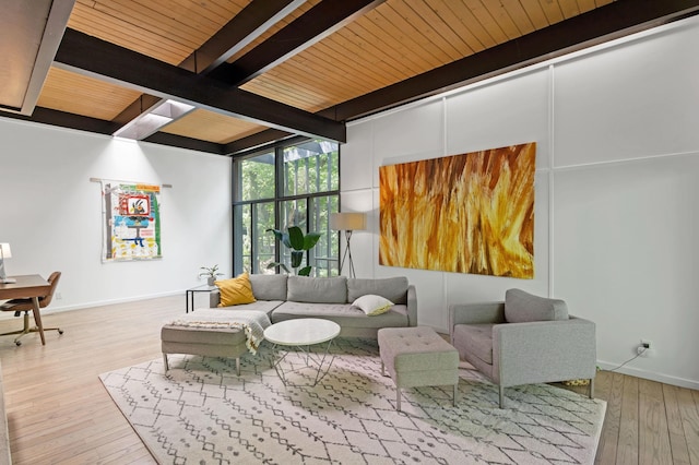 18101 Woolman Dr, Minnetonka, MN 55345 - living area featuring wood-type flooring, baseboards, and wooden ceiling with exposed beams