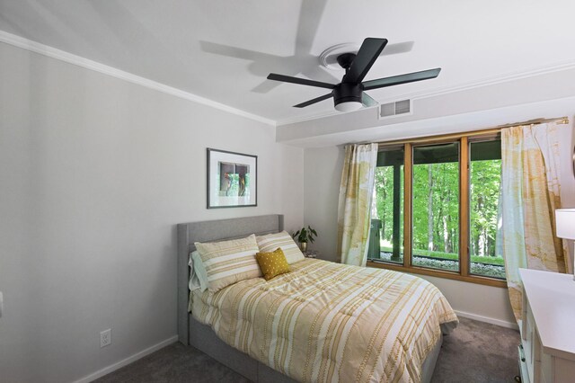 18101 Woolman Dr, Minnetonka, MN 55345 - bedroom with dark colored carpet, baseboards, crown molding, and ceiling fan