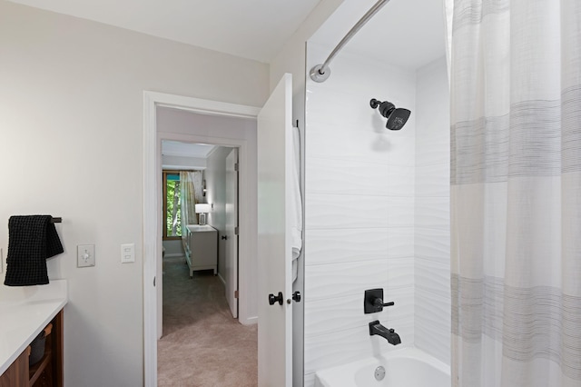 18101 Woolman Dr, Minnetonka, MN 55345 - bathroom featuring shower / bath combination with curtain, vanity, and baseboards