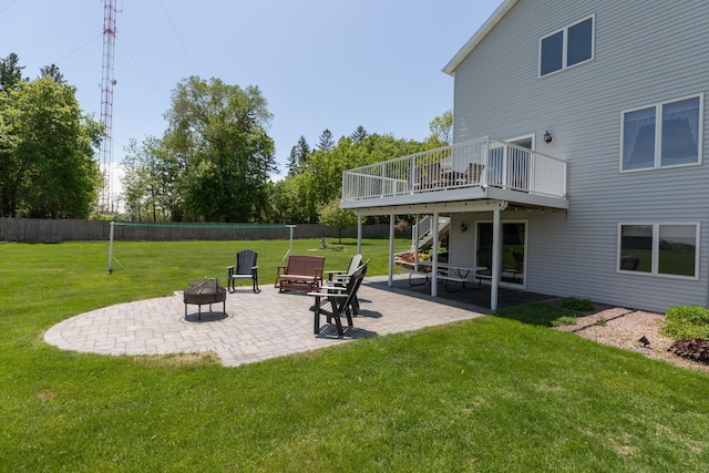 176 Westchester Dr NW, Rochester, MN 55901 - view of yard featuring an outdoor fire pit, a deck, stairway, and a patio