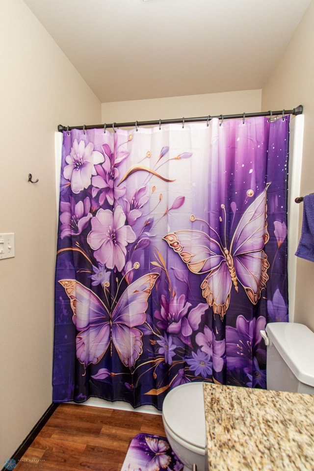 4110 Clubhouse Dr S, Fargo, ND 58104 - bathroom with toilet, wood finished floors, and a shower with shower curtain