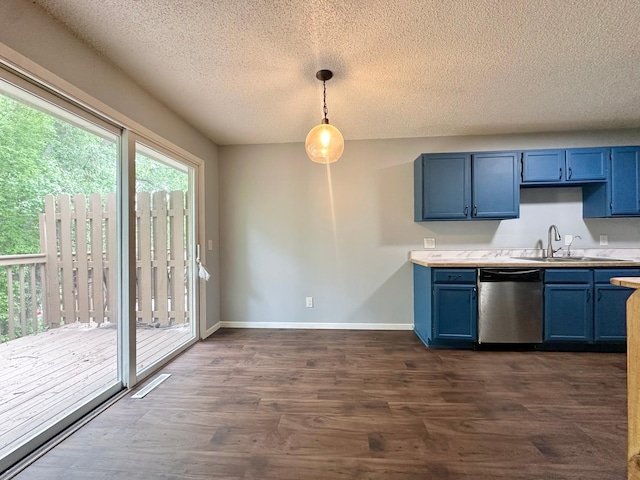 9329 Bass Creek Cir N, New Hope, MN 55428 - kitchen featuring stainless steel dishwasher, blue cabinetry, a sink, a textured ceiling, and dark wood finished floors