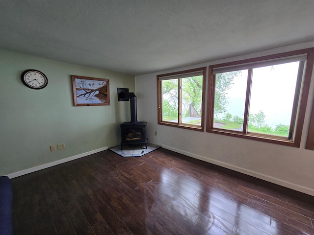 337 Lake Ave N, Spicer, MN 56288 - unfurnished living room featuring a wood stove, dark wood-type flooring, and baseboards