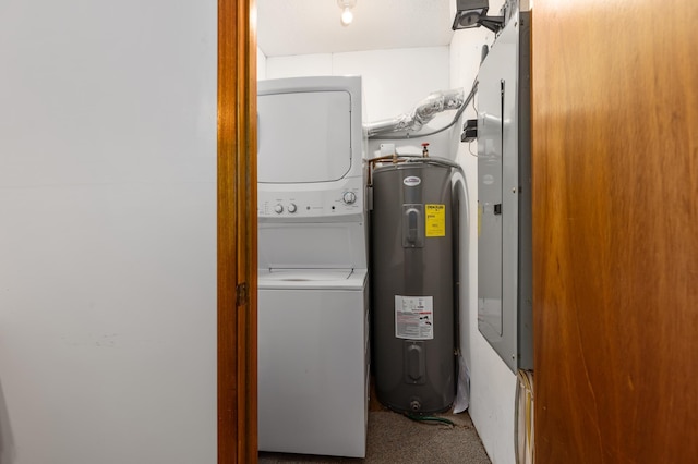 2648 Lake Shore Dr, Scandia Valley Twp, MN 56466 - laundry area with electric water heater, stacked washer / dryer, and carpet floors