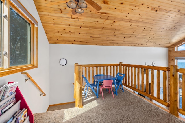2648 Lake Shore Dr, Scandia Valley Twp, MN 56466 - corridor with wood ceiling, vaulted ceiling, carpet floors, an upstairs landing, and baseboards