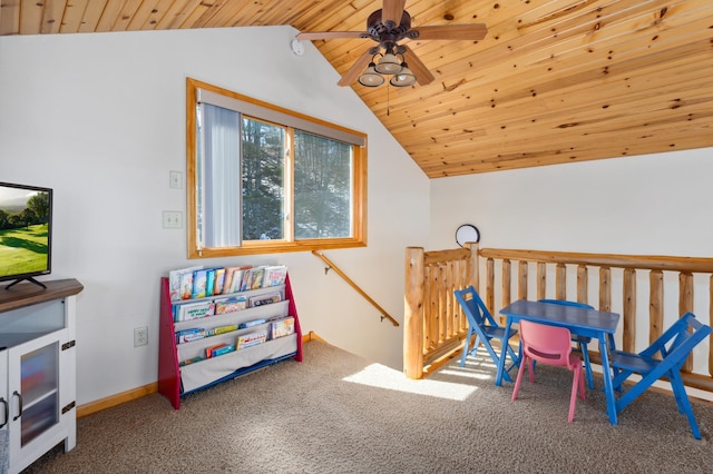 2648 Lake Shore Dr, Scandia Valley Twp, MN 56466 - playroom with lofted ceiling, a ceiling fan, wooden ceiling, and carpet