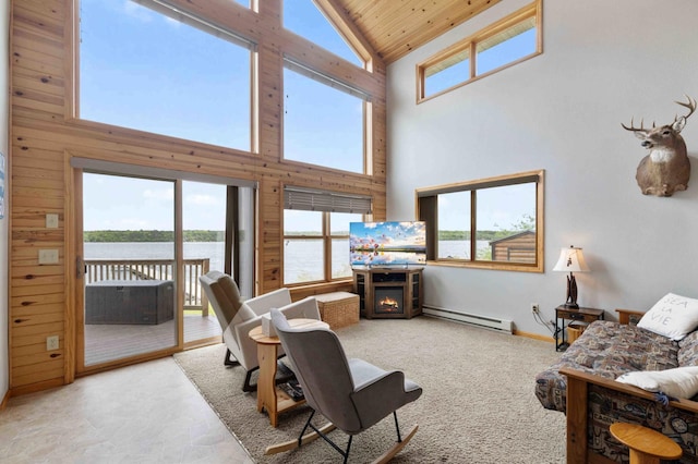 2648 Lake Shore Dr, Scandia Valley Twp, MN 56466 - living area with a baseboard radiator, a warm lit fireplace, high vaulted ceiling, wood ceiling, and baseboards