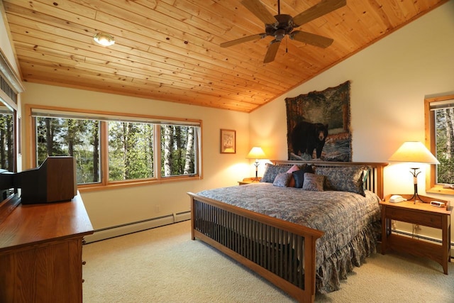 1880 Everett Rd S, Greenwood Twp, MN 55790 - carpeted bedroom with baseboard heating, wooden ceiling, vaulted ceiling, and baseboards
