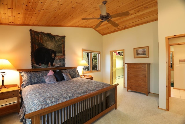 1880 Everett Rd S, Greenwood Twp, MN 55790 - bedroom featuring carpet, wood ceiling, lofted ceiling, baseboard heating, and ceiling fan
