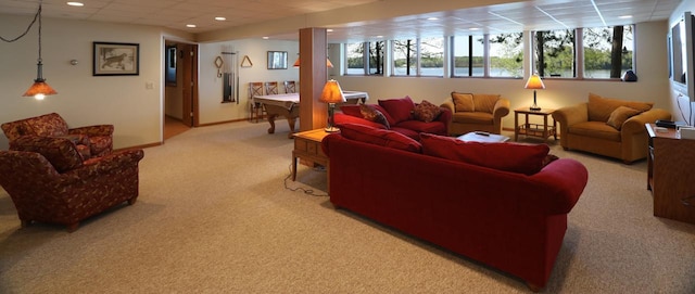 1880 Everett Rd S, Greenwood Twp, MN 55790 - living area featuring light carpet, a paneled ceiling, plenty of natural light, recessed lighting, and baseboards