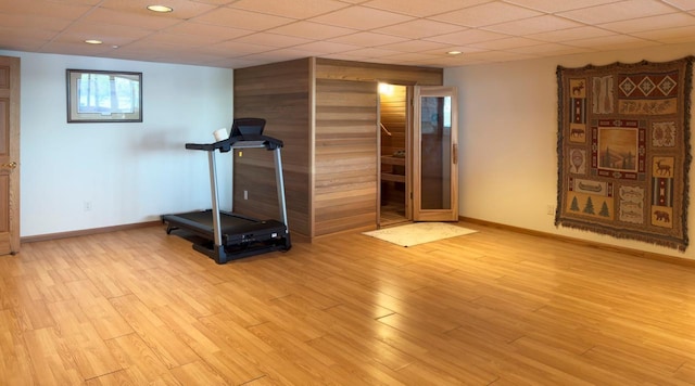 1880 Everett Rd S, Greenwood Twp, MN 55790 - workout room featuring baseboards, wooden walls, light wood finished floors, and recessed lighting