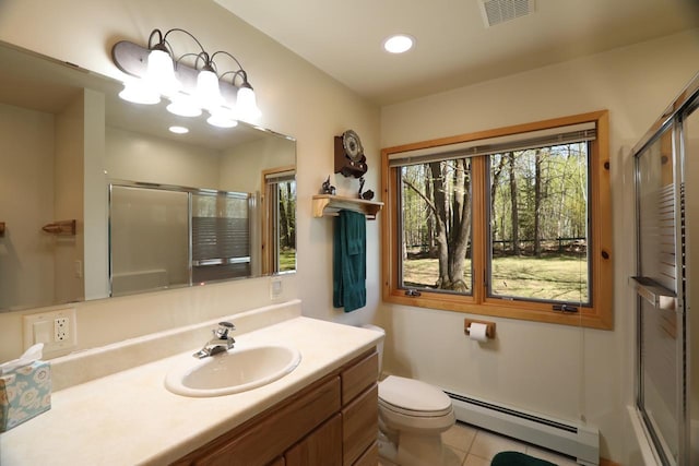 1880 Everett Rd S, Greenwood Twp, MN 55790 - full bath featuring a baseboard radiator, a stall shower, vanity, toilet, and recessed lighting
