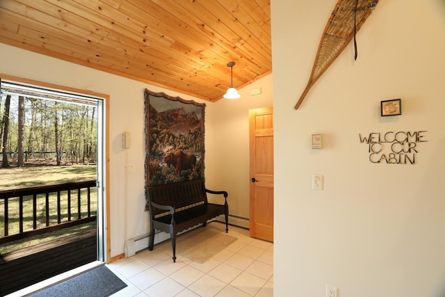 1880 Everett Rd S, Greenwood Twp, MN 55790 - entryway featuring vaulted ceiling, light tile patterned flooring, wood ceiling, and baseboards