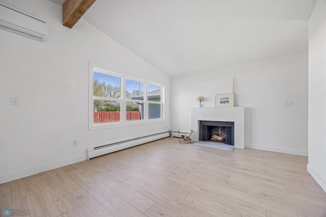 3017 8th St N, Fargo, ND 58102 - unfurnished living room featuring a baseboard heating unit, a wall unit AC, wood finished floors, a fireplace with flush hearth, and baseboards