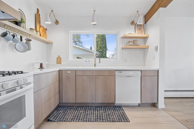 3017 8th St N, Fargo, ND 58102 - kitchen with white appliances, open shelves, a baseboard heating unit, and a sink