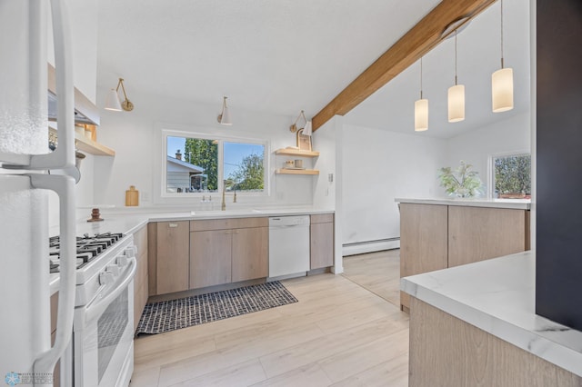 3017 8th St N, Fargo, ND 58102 - kitchen featuring open shelves, white appliances, a sink, a baseboard radiator, and healthy amount of natural light