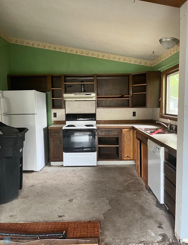 3017 8th St N, Fargo, ND 58102 - kitchen featuring open shelves, white appliances, unfinished concrete flooring, and a sink