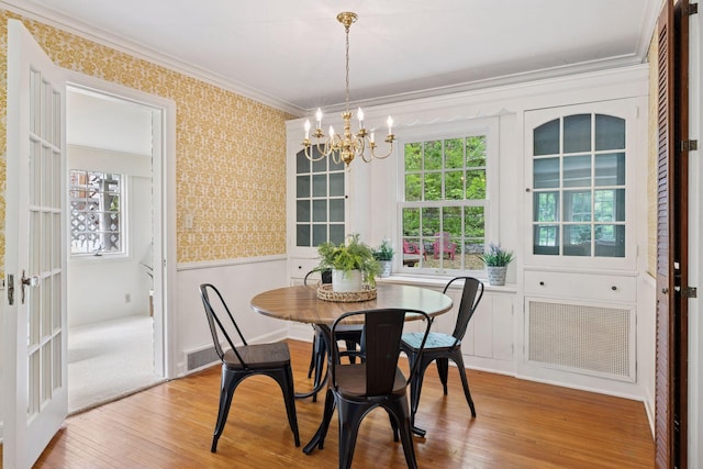 4378 Browndale Ave, Edina, MN 55424 - dining space with wallpapered walls, wainscoting, a chandelier, crown molding, and wood finished floors