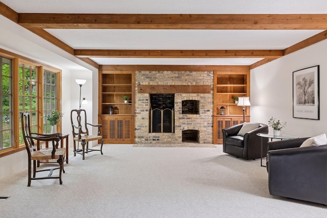 4378 Browndale Ave, Edina, MN 55424 - carpeted living area featuring built in shelves, beam ceiling, and a fireplace