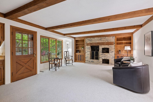 4378 Browndale Ave, Edina, MN 55424 - carpeted living area with beam ceiling, built in features, a brick fireplace, and baseboards