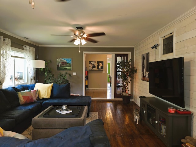 19334 105th Ave, Hayland Twp, MN 56353 - living room with wood-type flooring, ceiling fan, and crown molding