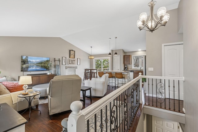 3664 Canary Way, Eagan, MN 55123 - living room with a chandelier, dark wood finished floors, and vaulted ceiling
