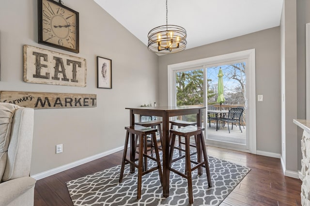 3664 Canary Way, Eagan, MN 55123 - dining space featuring a chandelier, baseboards, dark wood-style flooring, and lofted ceiling