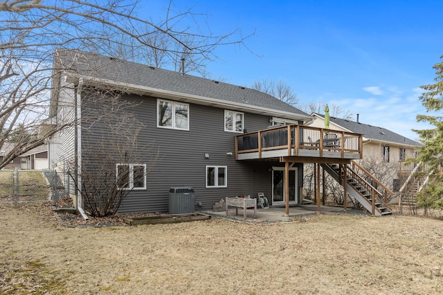 3664 Canary Way, Eagan, MN 55123 - back of property with stairs, a wooden deck, a patio, central air condition unit, and a shingled roof