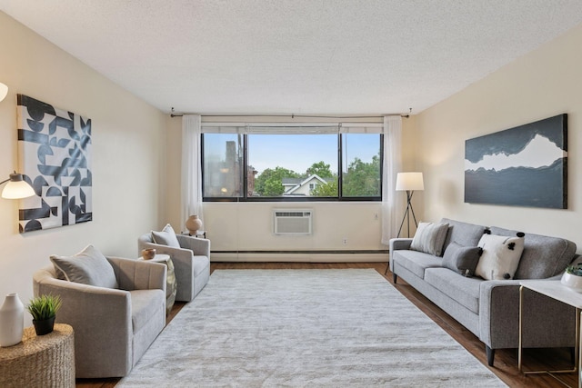 1912 Dupont Ave S Unit 302, Minneapolis, MN 55403 - living room with a baseboard radiator, wood finished floors, a wall unit AC, and a textured ceiling
