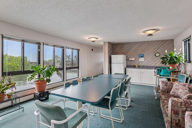 1912 Dupont Ave S Unit 302, Minneapolis, MN 55403 - dining area with dark carpet, a textured ceiling, and wooden walls