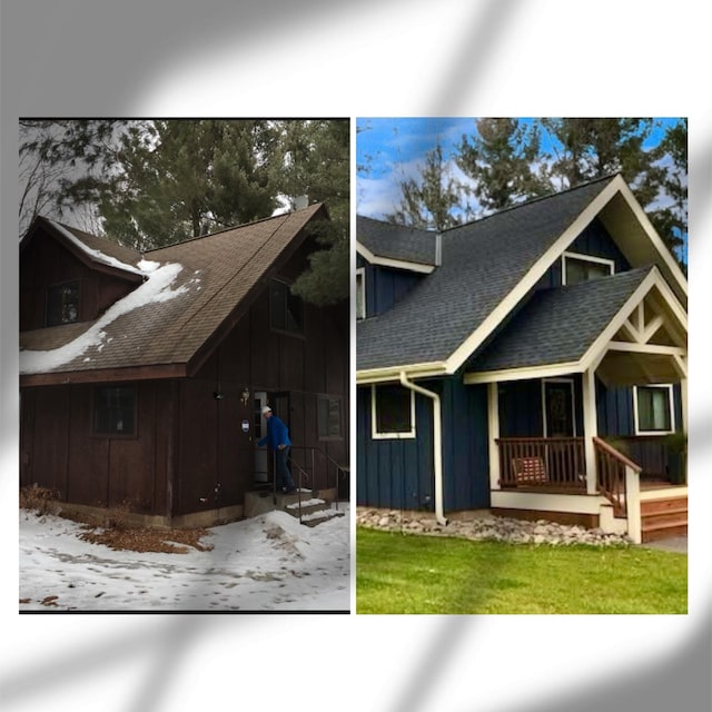 2051 Pine Knoll Rd, Knife Lake Twp, MN 55051 - view of front of house with board and batten siding, roof with shingles, and a porch