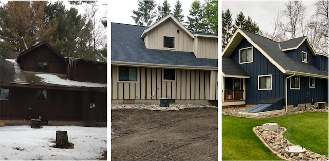 2051 Pine Knoll Rd, Knife Lake Twp, MN 55051 - view of front of house with board and batten siding, roof with shingles, and a lawn
