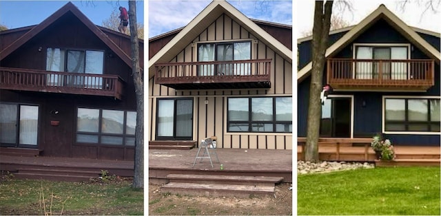 2051 Pine Knoll Rd, Knife Lake Twp, MN 55051 - back of house with a balcony and board and batten siding