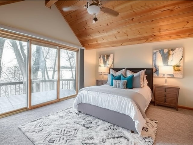 2051 Pine Knoll Rd, Knife Lake Twp, MN 55051 - bedroom with access to outside, carpet, wooden ceiling, baseboards, and a ceiling fan